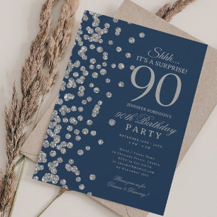 Invitation Surprise Paillettes Argent 90e Anniversaire Bleu
