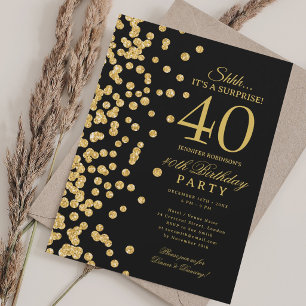 Invitation Surprise Paillettes Dorées 40e Anniversaire Noir