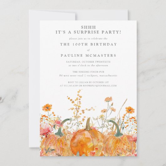 Invitation SURPRISE PARTY 100e anniversaire Citrouille Fleur (Devant)