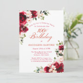 Invitation SURPRISE PARTY 100th Birthday Red Pink Floral (Debout devant)