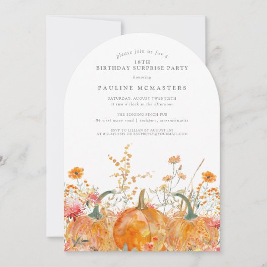 Invitation SURPRISE PARTY 18e anniversaire Citrouille Fleur s (Devant)