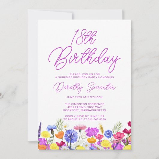 Invitation SURPRISE PARTY 18e anniversaire Fleur sauvage viol (Devant)