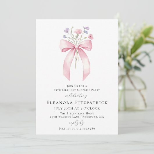 Invitation SURPRISE PARTY 19e anniversaire Bow Fleur sauvage (Debout devant)