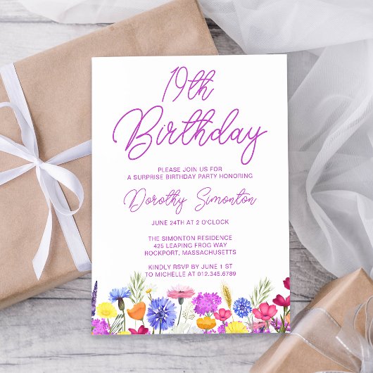 Invitation SURPRISE PARTY 19e anniversaire Fleur sauvage viol