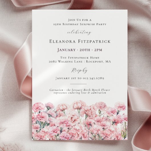 Invitation SURPRISE PARTY 19th Birthday Pink Carnation Floral