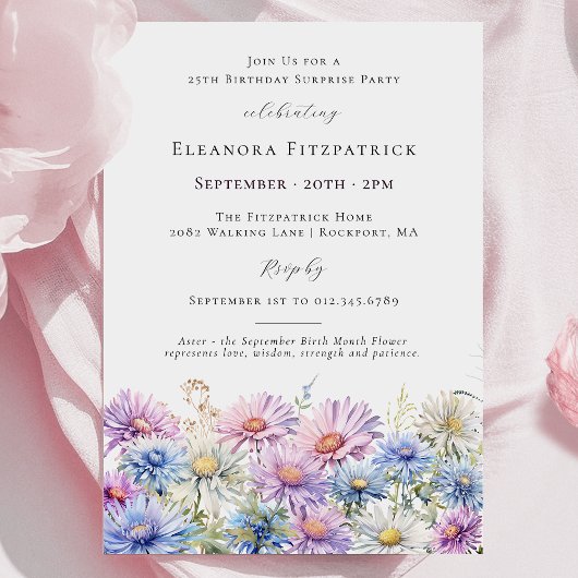 Invitation SURPRISE PARTY 25th September Birth Month Flower