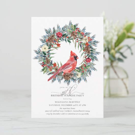 Invitation SURPRISE PARTY 35th Birthday Red Cardinal Wreath (Debout devant)
