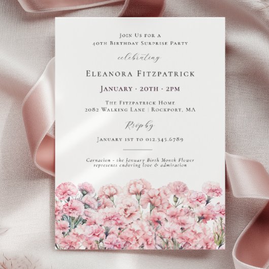 Invitation SURPRISE PARTY 40th Birthday Pink Carnation Floral