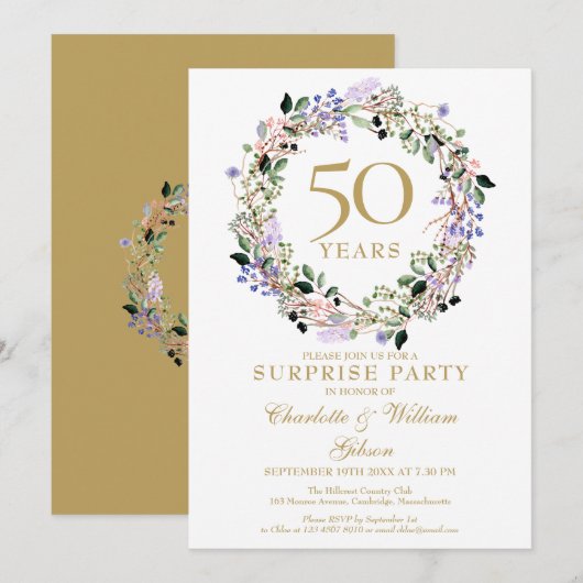 Invitation Surprise Party 50e anniversaire de Mariage Floral (Devant / Derrière)