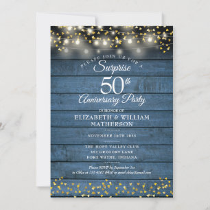 Invitation Surprise Party 50e Anniversaire d'or Bleu Rustique