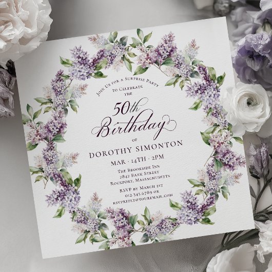 Invitation SURPRISE PARTY 50e anniversaire Purple Lilac Flora