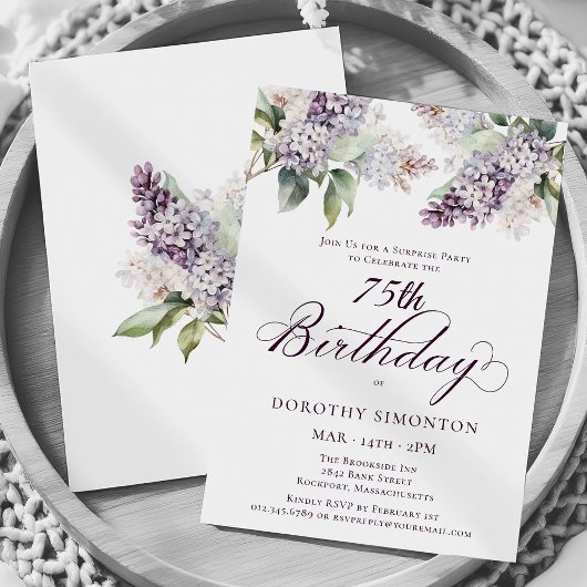Invitation SURPRISE PARTY 75e anniversaire Purple Lilac Flora