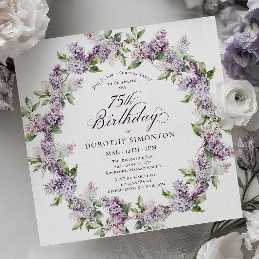 Invitation SURPRISE PARTY 75e anniversaire Purple Lilac Flora