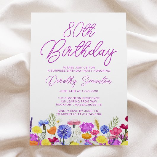 Invitation SURPRISE PARTY 80E Anniversaire Violet Fleur sauva