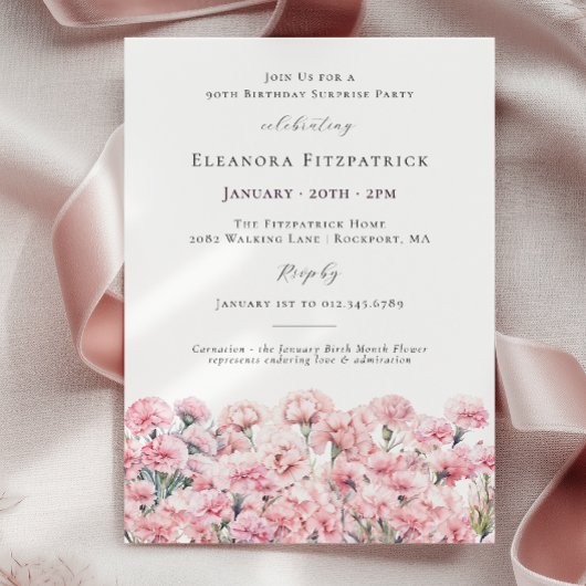 Invitation SURPRISE PARTY 90th Birthday Pink Carnation Floral