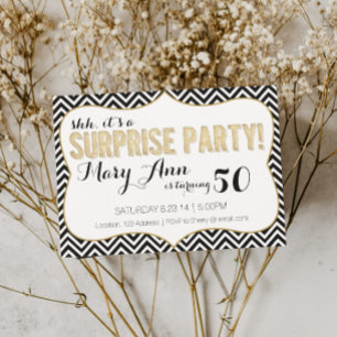Invitation Surprise Party Black et Gold Chevron
