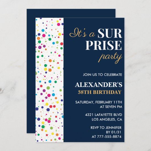 Invitation Surprise party Confetti Marine bleu 38e anniversai (Devant / Derrière)