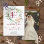 Invitation Surprise Party Floral 40e anniversaire Photo<br><div class="desc">Cette soirée botanique chic surprise 40e anniversaire de mariage peut être personnalisée avec vos informations spéciales ruby anniversaire,  avec une délicate aquarelle fleurie garland verdure. Le verso présente votre photo spéciale. Conçu par Thisisnotme©</div>