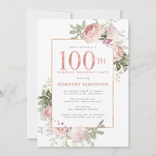 Invitation SURPRISE PARTY Pink Gold Floral 100e anniversaire (Devant)