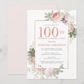 Invitation SURPRISE PARTY Pink Gold Floral 100e anniversaire (Devant / Derrière)