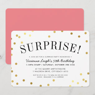 Invitation SURPRISE PARTY taches élégantes de confettis d'or