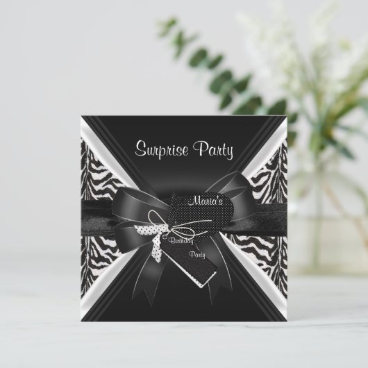 Invitation Surprise Party Zebra Black White Bow Image (Debout devant)