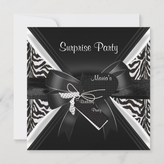 Invitation Surprise Party Zebra Black White Bow Image (Devant)