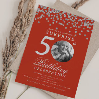 Invitation SURPRISE Photo 50e anniversaire Argent Confetti Ro