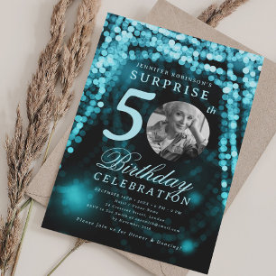 Invitation SURPRISE Photo 50e anniversaire Lumières turquoise