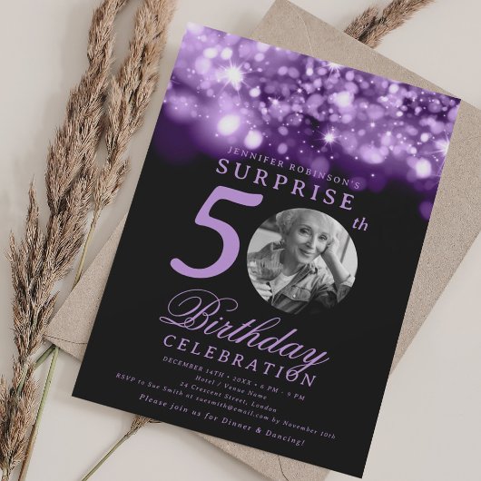 Invitation SURPRISE Photo 50e anniversaire violet minuit