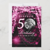 Invitation SURPRISE Photo 50th Birthday Hot Pink Glam Lights (Devant)
