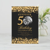 Invitation SURPRISE Photo 50th Birthday Party Gold Lights (Debout devant)