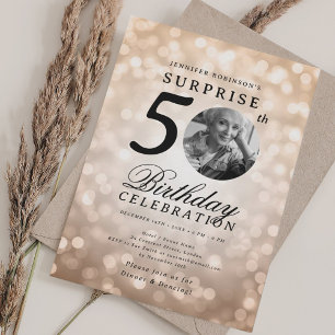 Invitation SURPRISE Photo 50th Birthday Party Rose Gold Bokeh