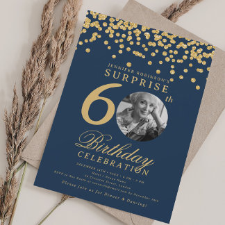 Invitation SURPRISE Photo 60 Anniversaire Gold Confetti Marin