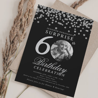 Invitation SURPRISE Photo 60e anniversaire Argent Confetti No