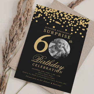 Invitation SURPRISE Photo 60e anniversaire Gold Confetti Noir