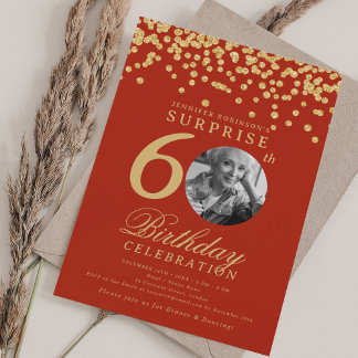 Invitation SURPRISE Photo 60e anniversaire Gold Confetti Roug