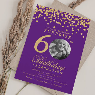 Invitation SURPRISE Photo 60e anniversaire Gold Confetti viol