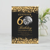 Invitation SURPRISE Photo 60th Birthday Party Gold Lights (Debout devant)