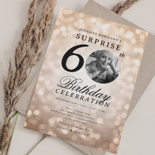 Invitation SURPRISE Photo 60th Birthday Party Rose Gold Bokeh