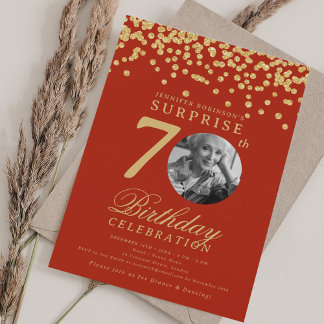 Invitation SURPRISE Photo 70 Anniversaire Gold Confetti Rouge