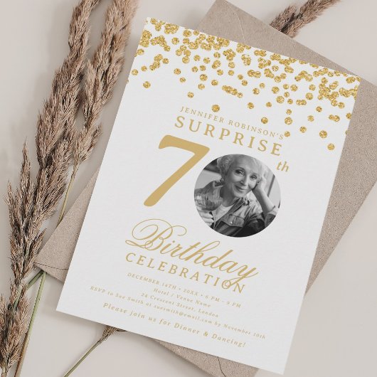 Invitation SURPRISE Photo 70e anniversaire Gold Confetti