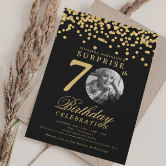 Invitation SURPRISE Photo 70e anniversaire Gold Confetti Noir