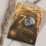 Invitation SURPRISE Photo 70th Birthday Gold Glam Lights<br><div class="desc">Un design élégant "70th Birthday" soirée invitation avec photo personnalisée,  typographie moderne et un arrière - plan à cordes.</div>