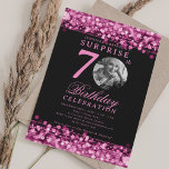Invitation SURPRISE Photo 70th Birthday Hot Pink Lights<br><div class="desc">Un design élégant "70th Birthday" soirée invitation avec photo personnalisée,  typographie moderne et un arrière - plan à cordes.</div>