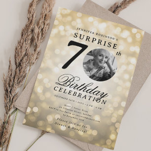 Invitation SURPRISE Photo 70th Birthday Party Gold Bokeh