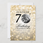 Invitation SURPRISE Photo 70th Birthday Party Gold Bokeh (Devant)