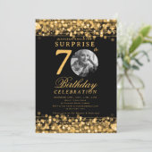 Invitation SURPRISE Photo 70th Birthday Party Gold Lights (Debout devant)