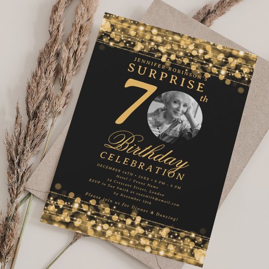 Invitation SURPRISE Photo 70th Birthday Party Gold Lights