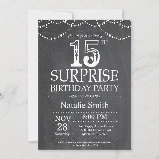 Invitation surprise pour 15 ans sur tableau noir (Devant)